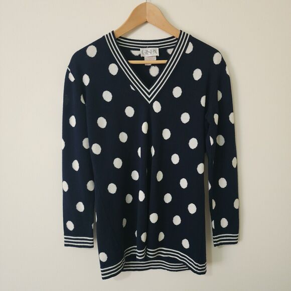 Gispa Sweaters - Gispa Italy Womens Wool-Blend Polka Dot V-Neck Sweater Navy Blue White Size 6/8